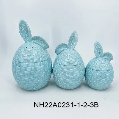 Easter Bunny Shaped Blue Embossed Storage Jars with Lid for Dining Table Decoration